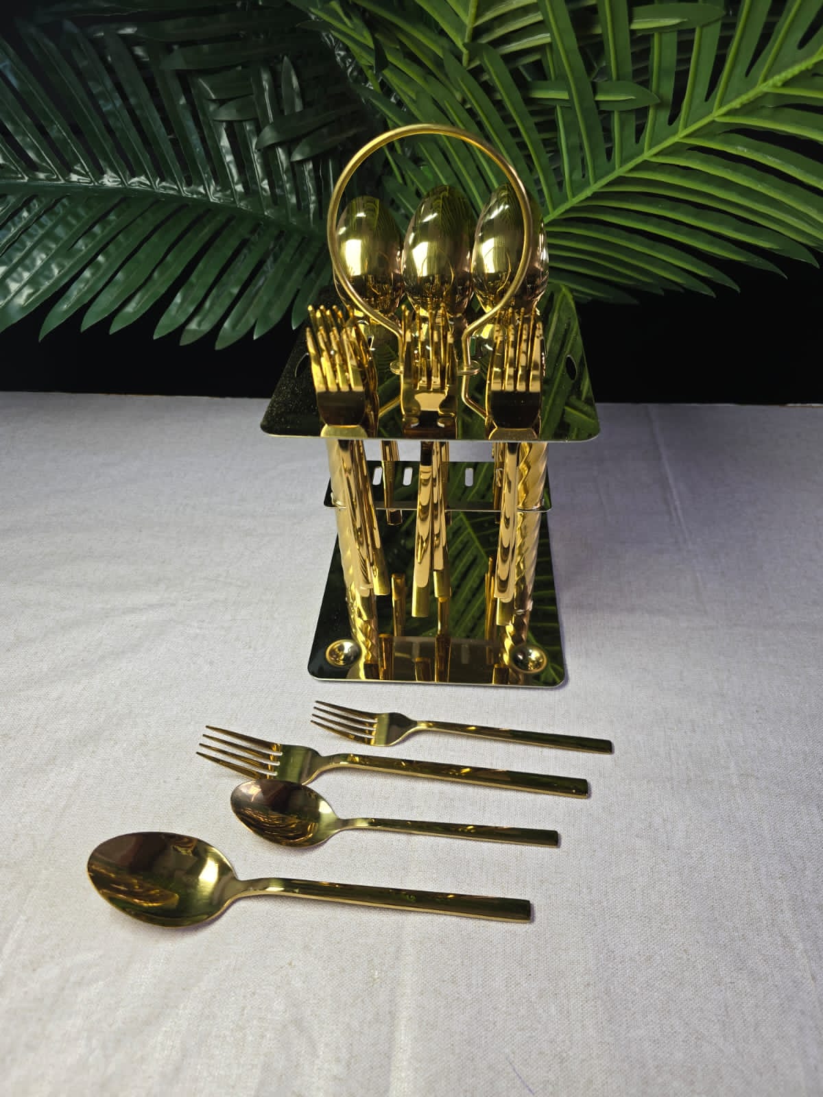 24pcs Gold Cutlery Set with Unique Stand | - Elegant Households KE