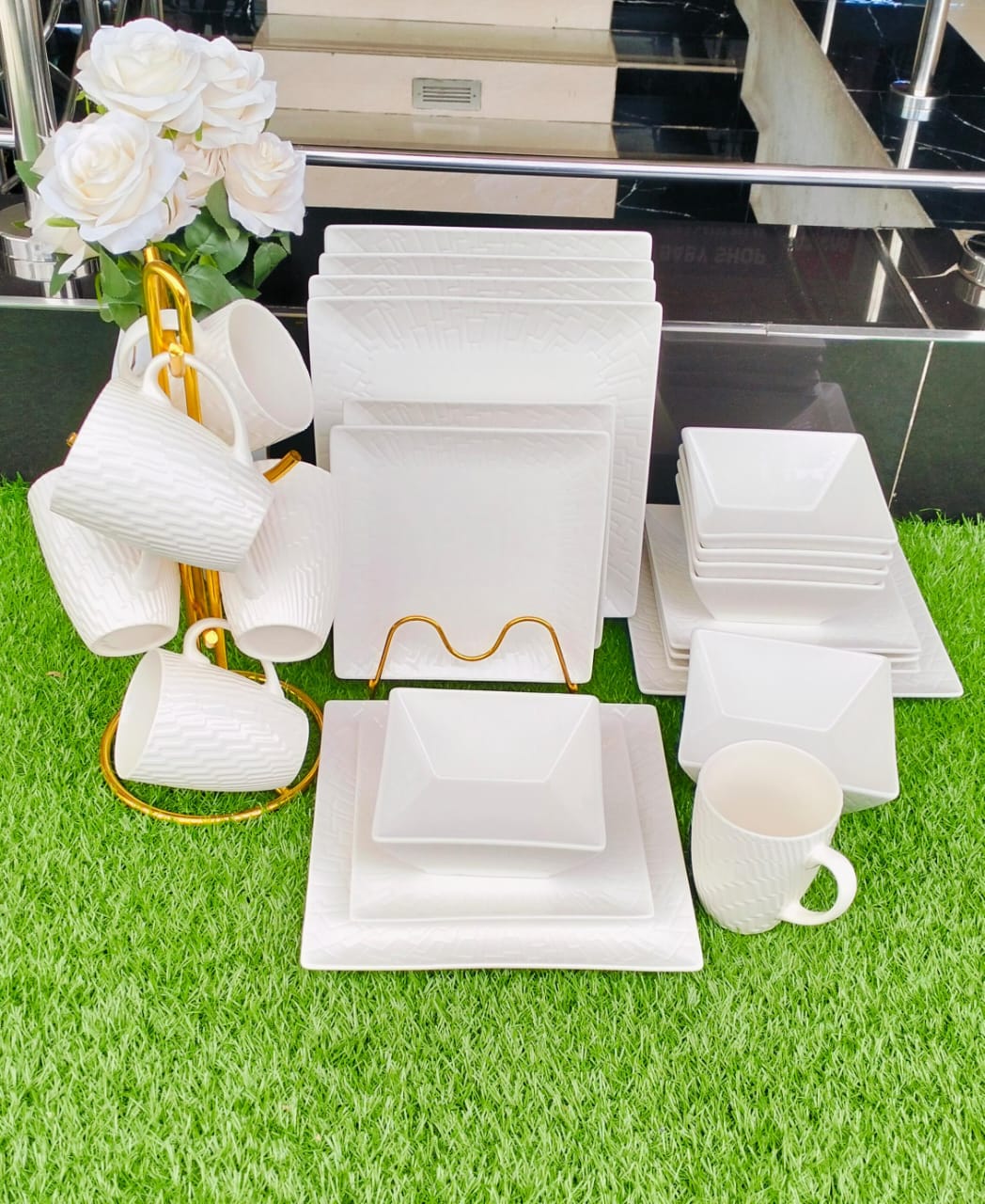 24pcs white plain square dinner set | - Elegant Households KE