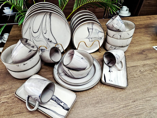 26 - Piece Modern Marble Ceramic Dinnerware Set for Home Dining | - Elegant Households KE