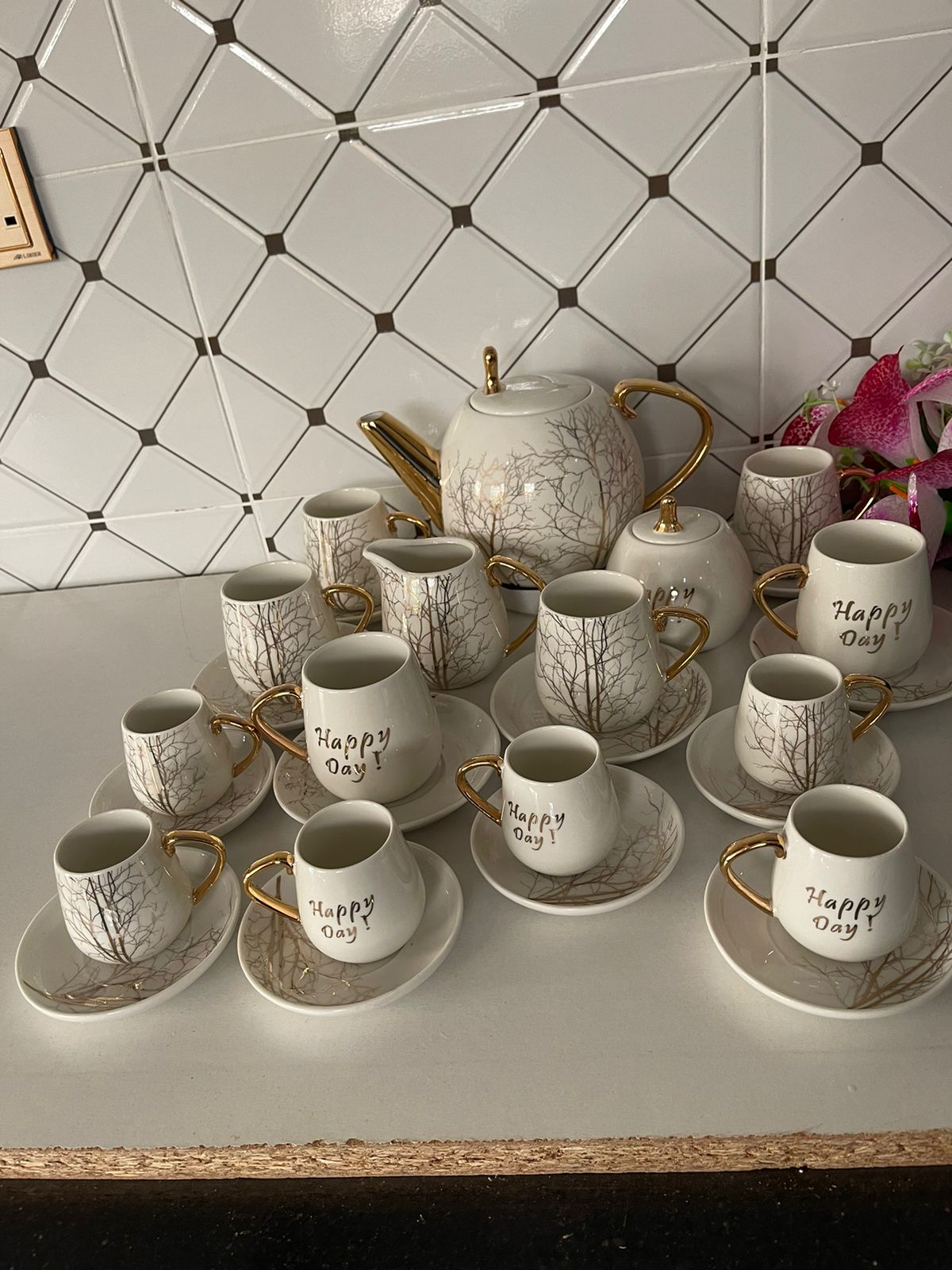 27pcs Tree Tea Set with palm tree design and gold touch.  | - Elegant Households KE
