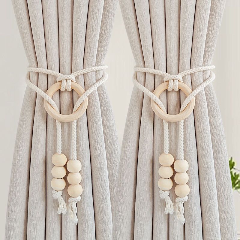 2pcs Boho Cotton Rope Curtain Tiebacks with Wooden Ring | - Elegant Households KE