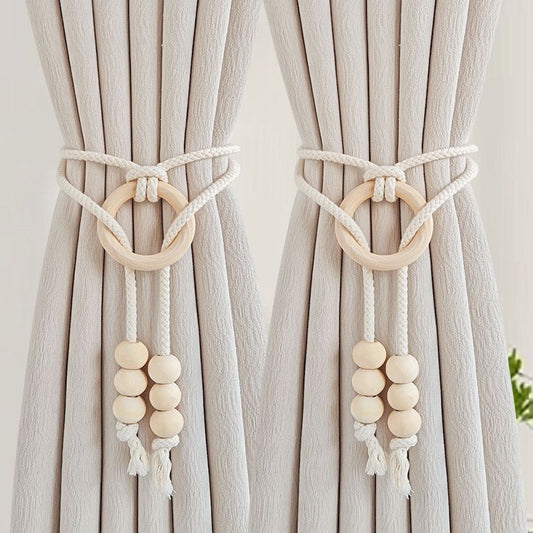 2pcs Boho Cotton Rope Curtain Tiebacks with Wooden Ring | - Elegant Households KE