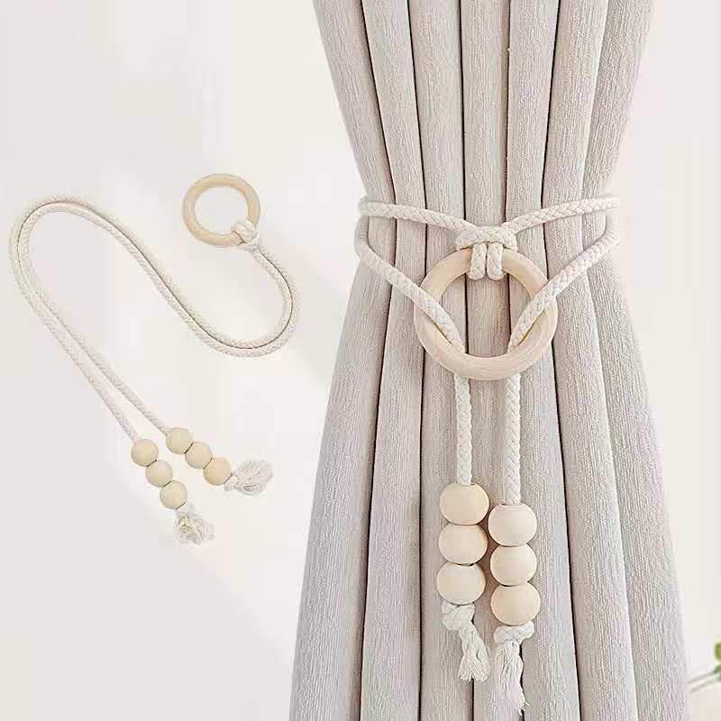 2pcs Boho Cotton Rope Curtain Tiebacks with Wooden Ring | - Elegant Households KE