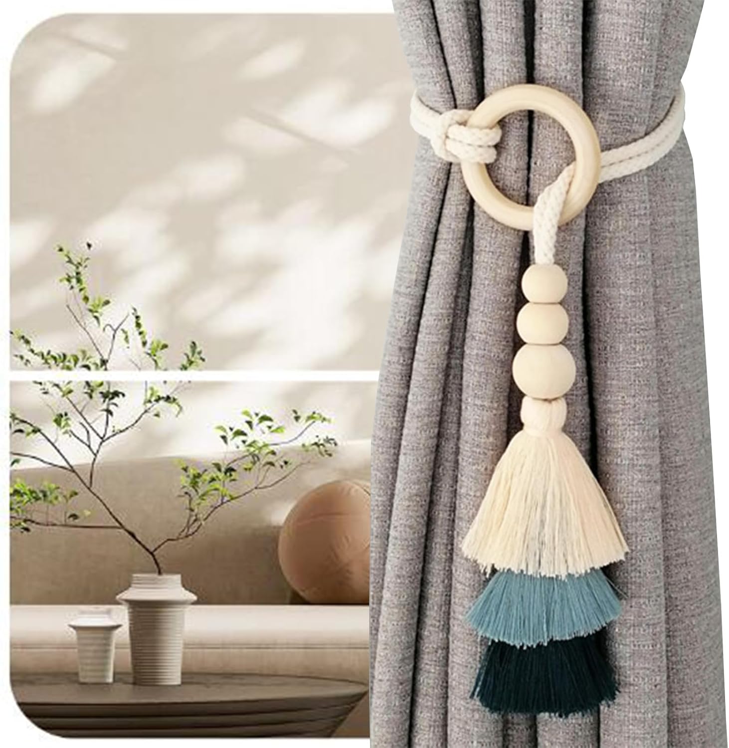 2pcs Tassel Curtain Tiebacks with Wooden Beads | - Elegant Households KE