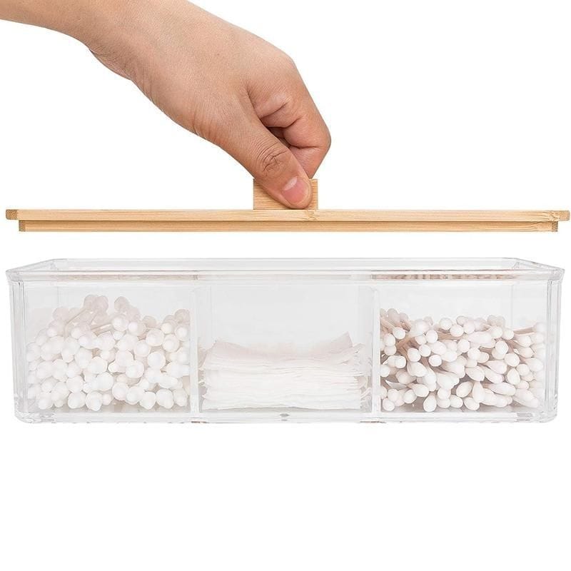 3 Compartment Acrylic Makeup Organizer Cotton Pad Storage Box | - Elegant Households KE
