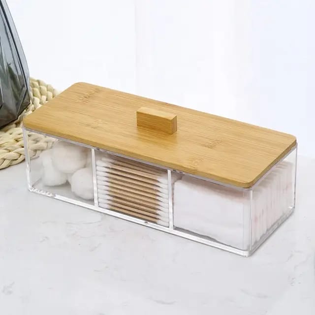 3 Compartment Acrylic Makeup Organizer Cotton Pad Storage Box | - Elegant Households KE