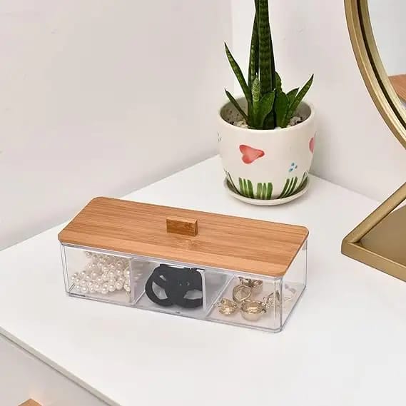 3 Compartment Acrylic Makeup Organizer Cotton Pad Storage Box | - Elegant Households KE