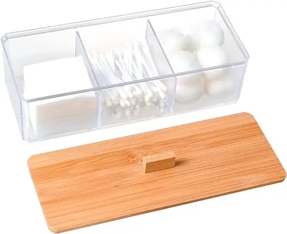3 Compartment Acrylic Makeup Organizer Cotton Pad Storage Box | - Elegant Households KE