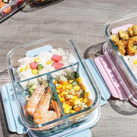 3 GRID GLASS LUNCH BOX | - Elegant Households KE
