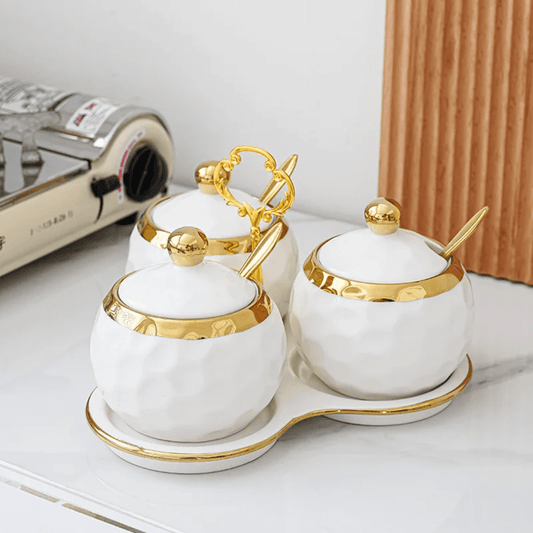 3 - in - 1 Ceramic Sugar Canister Set with Gold Trim – White | - Elegant Households KE