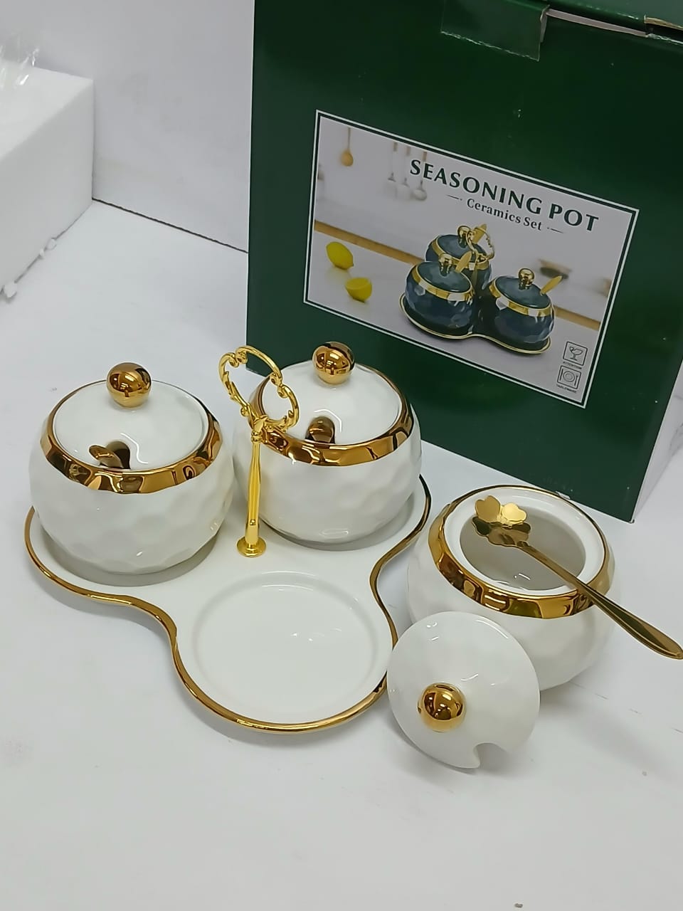 3 - in - 1 Ceramic Sugar Canister Set with Gold Trim – White | - Elegant Households KE