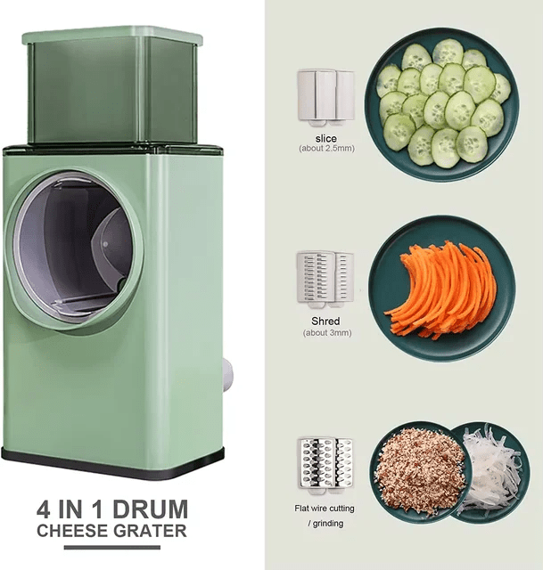 3 in 1 Kitchen manual Drum Rotary cheese Grater round Mandoline vegetable cutter/Slicer/chopper | - Elegant Households KE
