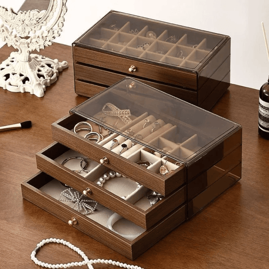 3 - Layer Wood Grain Jewelry Box with Clear Lid | - Elegant Households KE