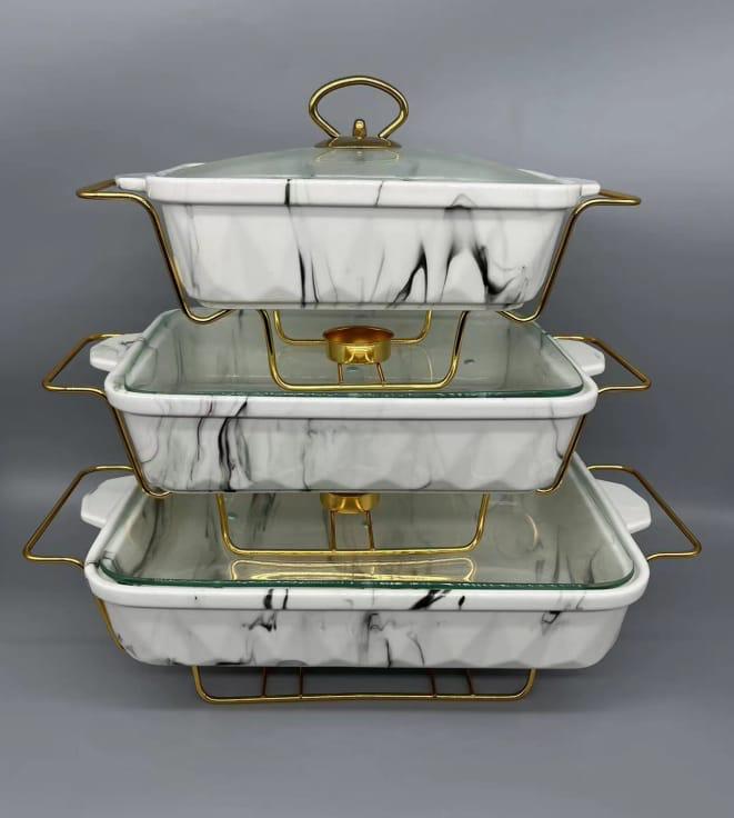 3 pc ceremic chaffing dishes Marble grey | - Elegant Households KE