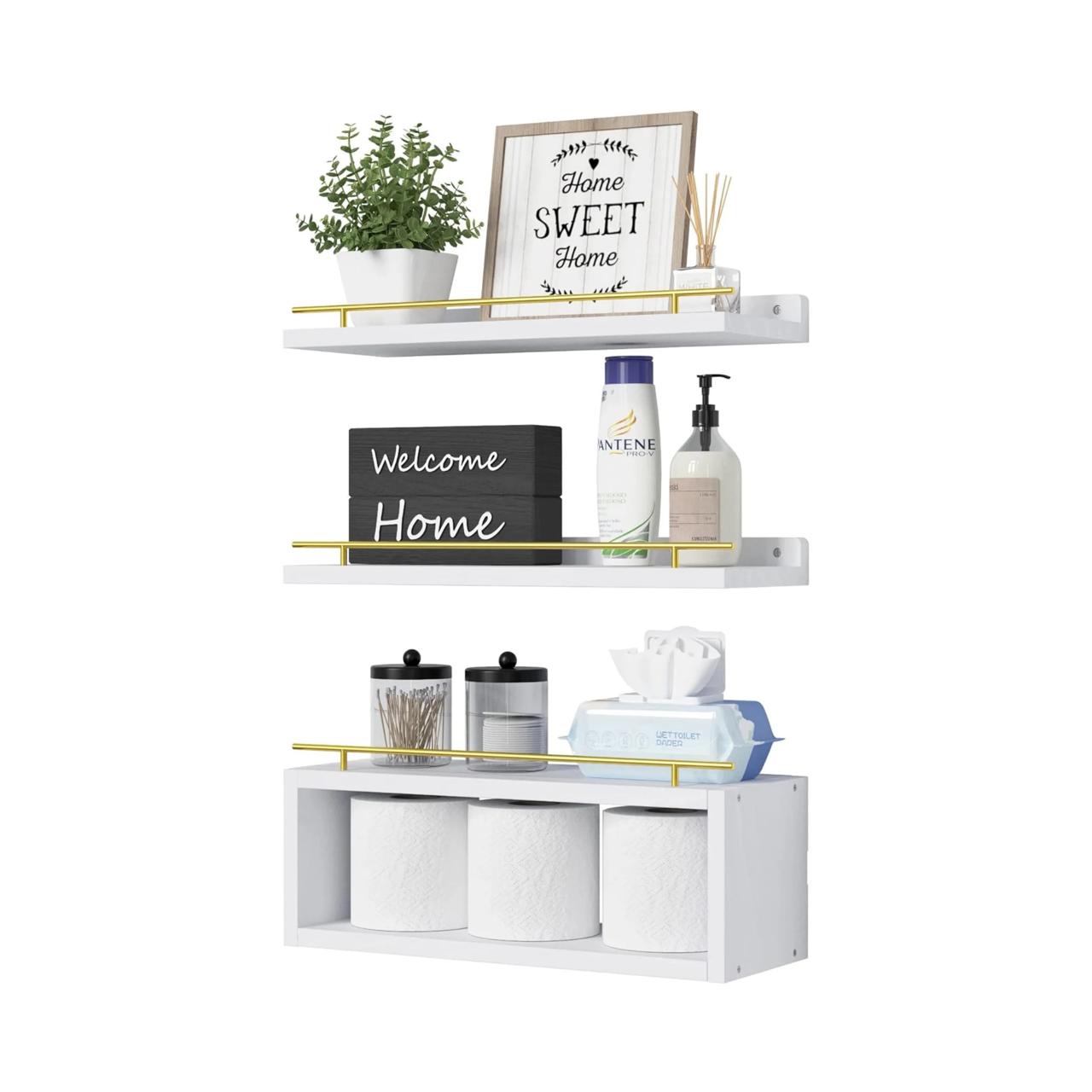 3 tier Solid pine wood bathroom floating shelves | - Elegant Households KE