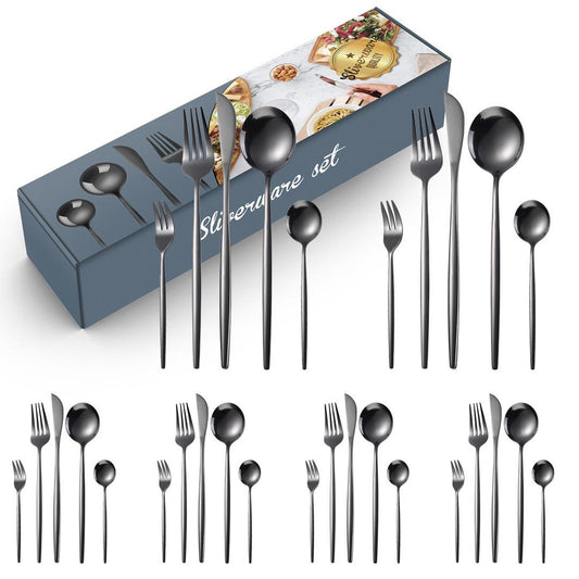 30pcs Black Stainless Cutlery Set | - Elegant Households KE