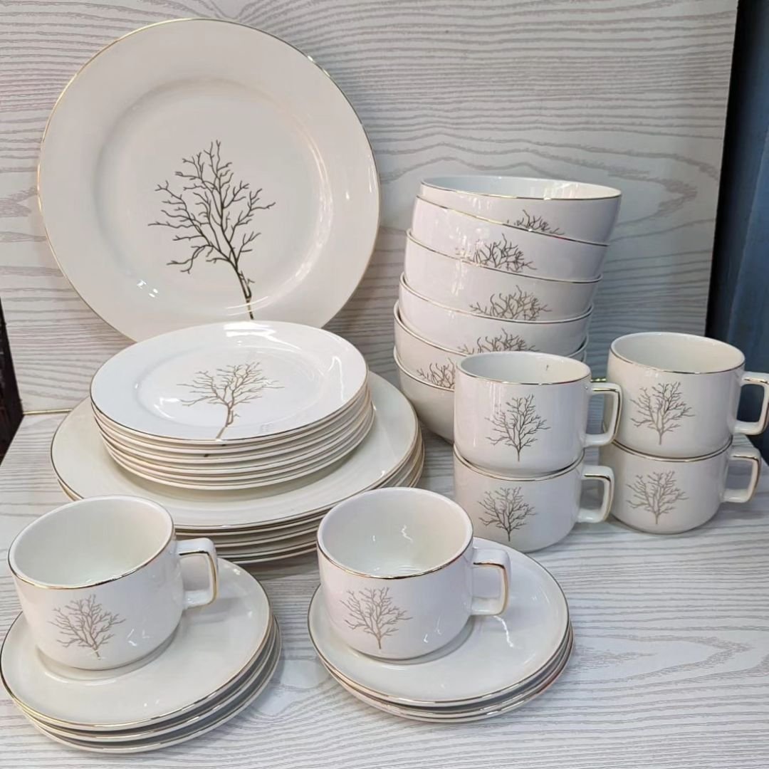 30pcs Tree Ceramic Dinner Set with Gold Rim | - Elegant Households KE