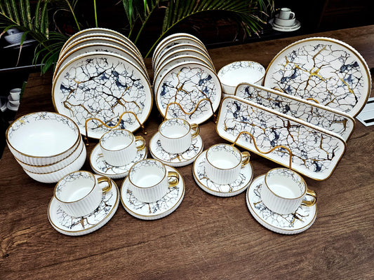 32 - Piece Luxury Marble Ceramic Dinnerware Set with Gold Accents | - Elegant Households KE