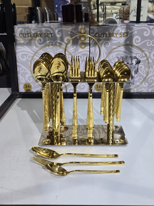 36 - piece Gold Stainless Steel Cutlery Set with Unique Display Stand | - Elegant Households KE