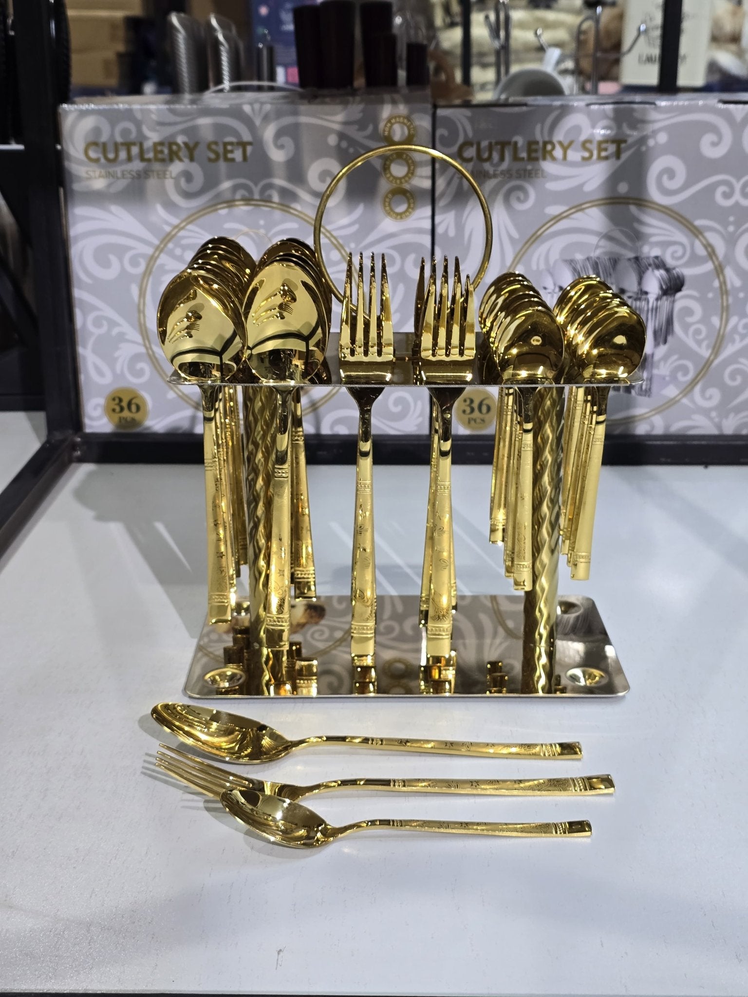 36 - piece Gold Stainless Steel Cutlery Set with Unique Display Stand | - Elegant Households KE