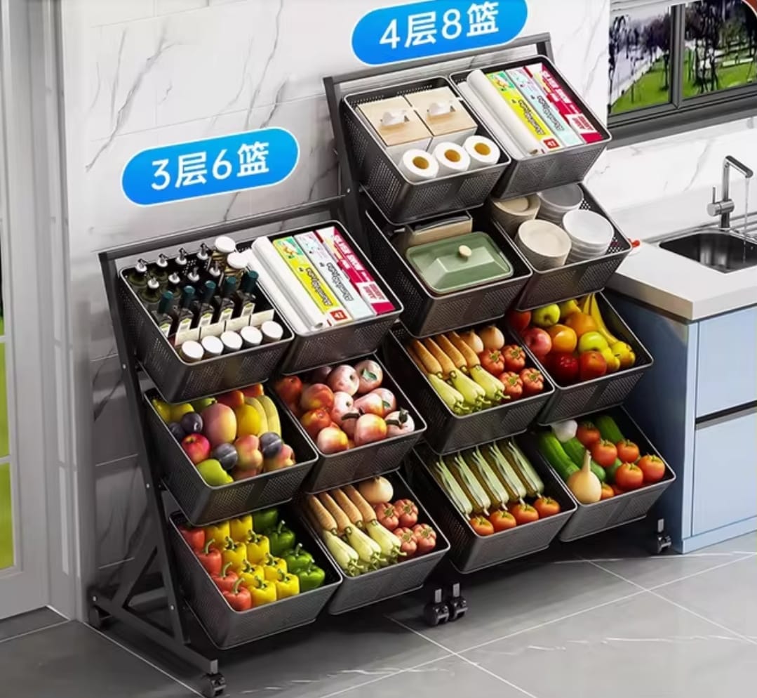 360° Rotating Multifunctional Metallic Vegetable/Fruits Cart Storage Rack | - Elegant Households KE