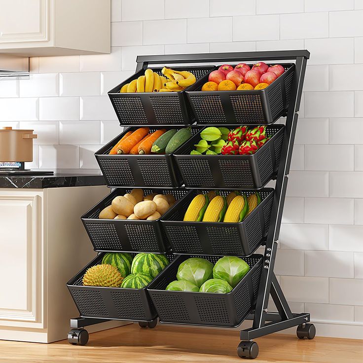 360° Rotating Multifunctional Metallic Vegetable/Fruits Cart Storage Rack | - Elegant Households KE