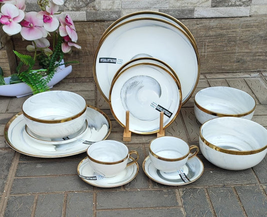 36pcs grey - marble Nordic classy dinner set with gold rim | - Elegant Households KE