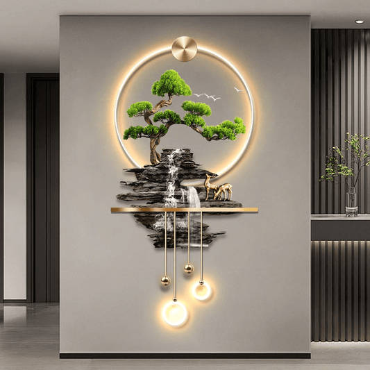 3D Modern Luxury LED Pine Landscape Wall Art – Acrylic Waterfall Nature Decor | - Elegant Households KE