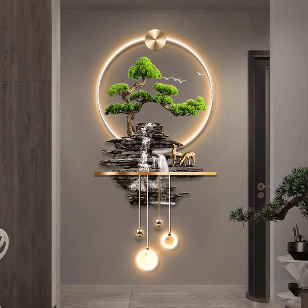 3D Modern Luxury LED Pine Landscape Wall Art – Acrylic Waterfall Nature Decor | - Elegant Households KE