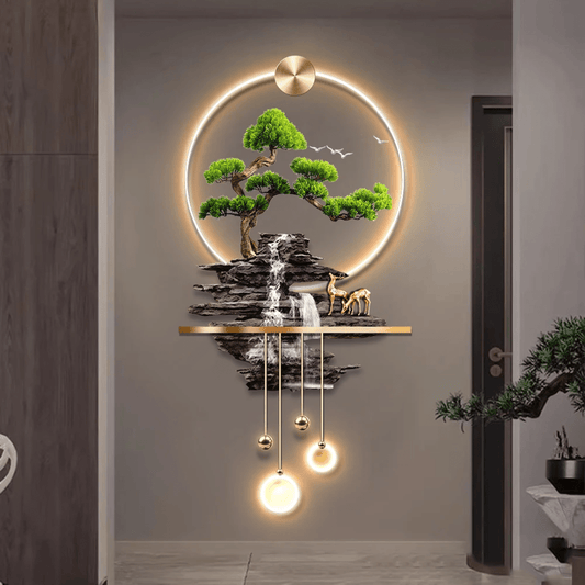 3D Modern Luxury LED Pine Landscape Wall Art – Acrylic Waterfall Nature Decor | - Elegant Households KE