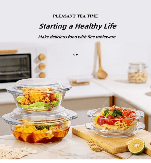 3pc Set High Borosilicate Glass Casserole with Lid | - Elegant Households KE