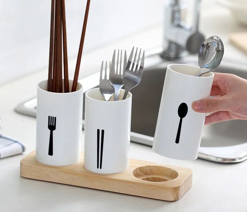 3pcs cutlery organizer with oak base | - Elegant Households KE