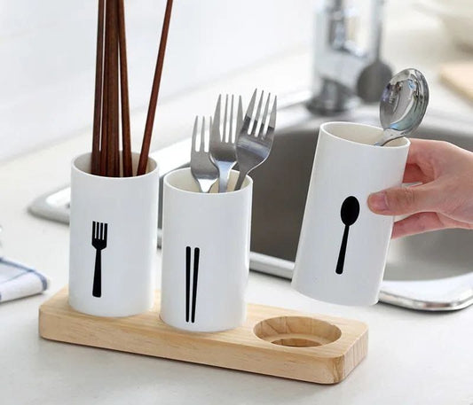 3pcs cutlery organizer with oak base | - Elegant Households KE