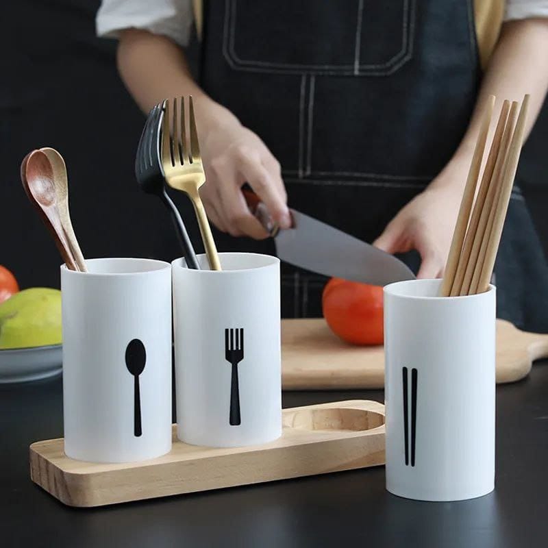 3pcs cutlery organizer with oak base | - Elegant Households KE