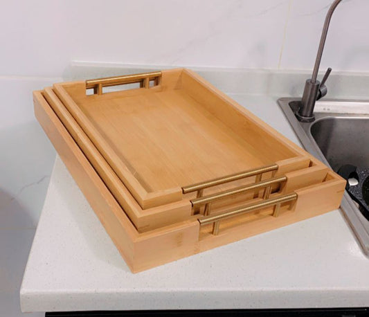 3pcs Eco - friendly Bamboo Serving Trays with Gold Handles | - Elegant Households KE