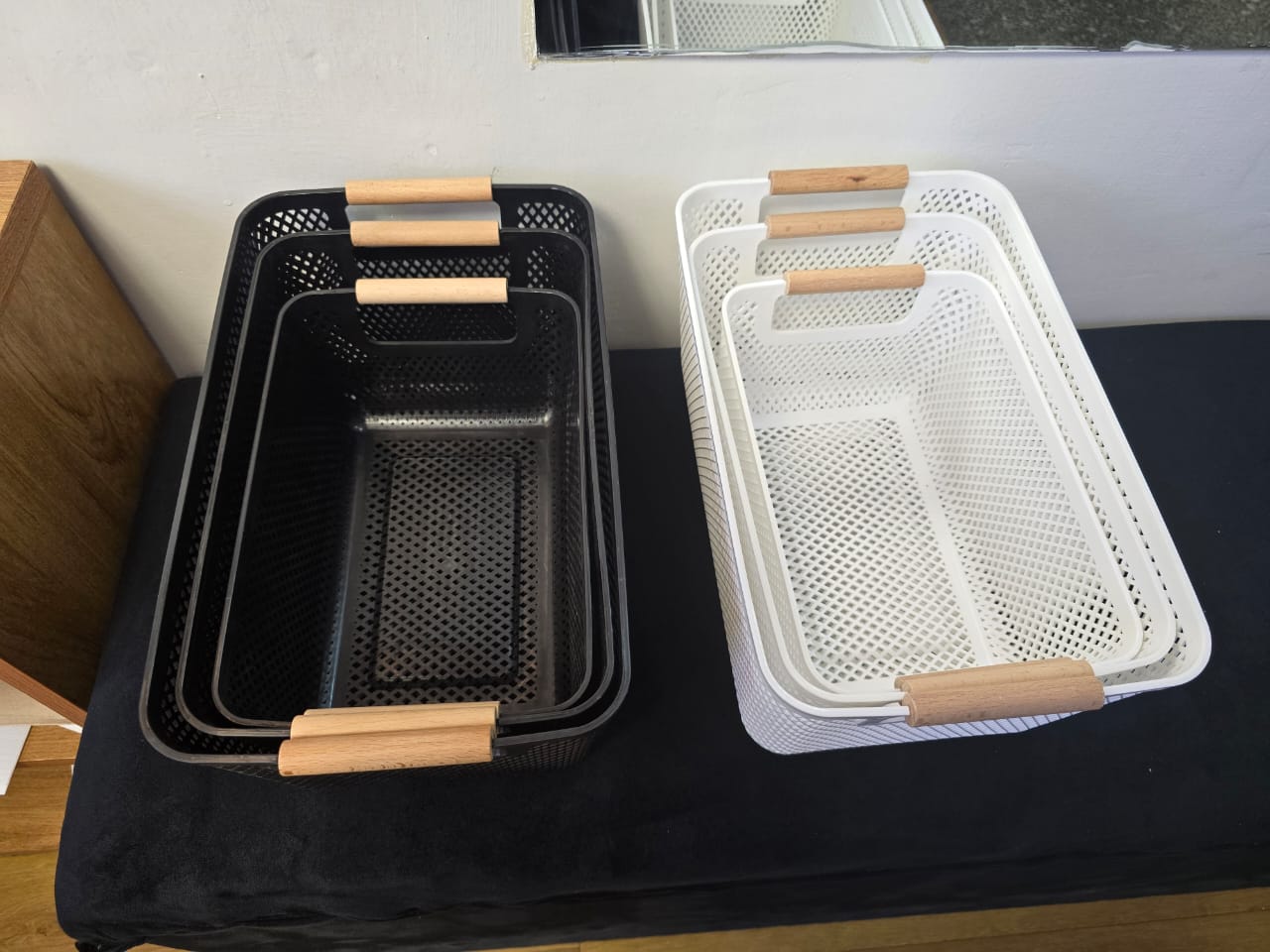 3pcs Extra - Large Mesh Plastic Storage Baskets with bamboo Handles | - Elegant Households KE