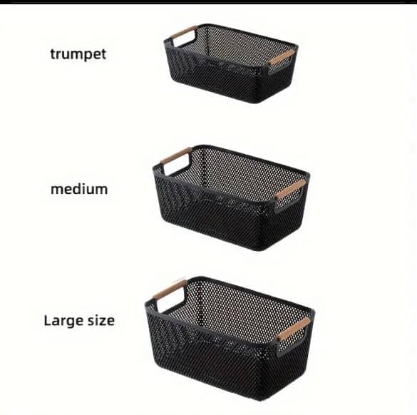 3pcs Extra - Large Mesh Plastic Storage Baskets with bamboo Handles | - Elegant Households KE