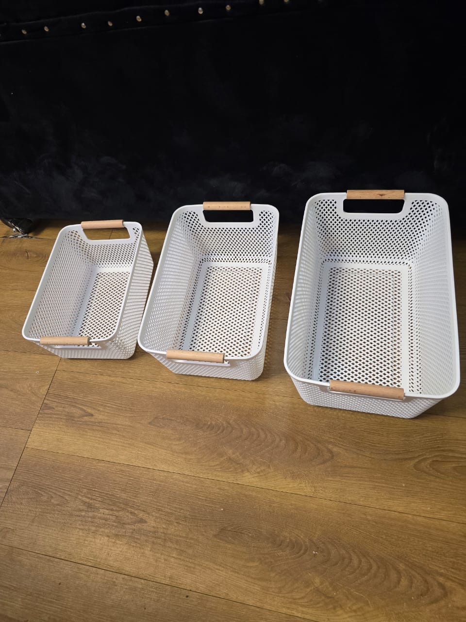 3pcs Extra - Large Mesh Plastic Storage Baskets with bamboo Handles | - Elegant Households KE