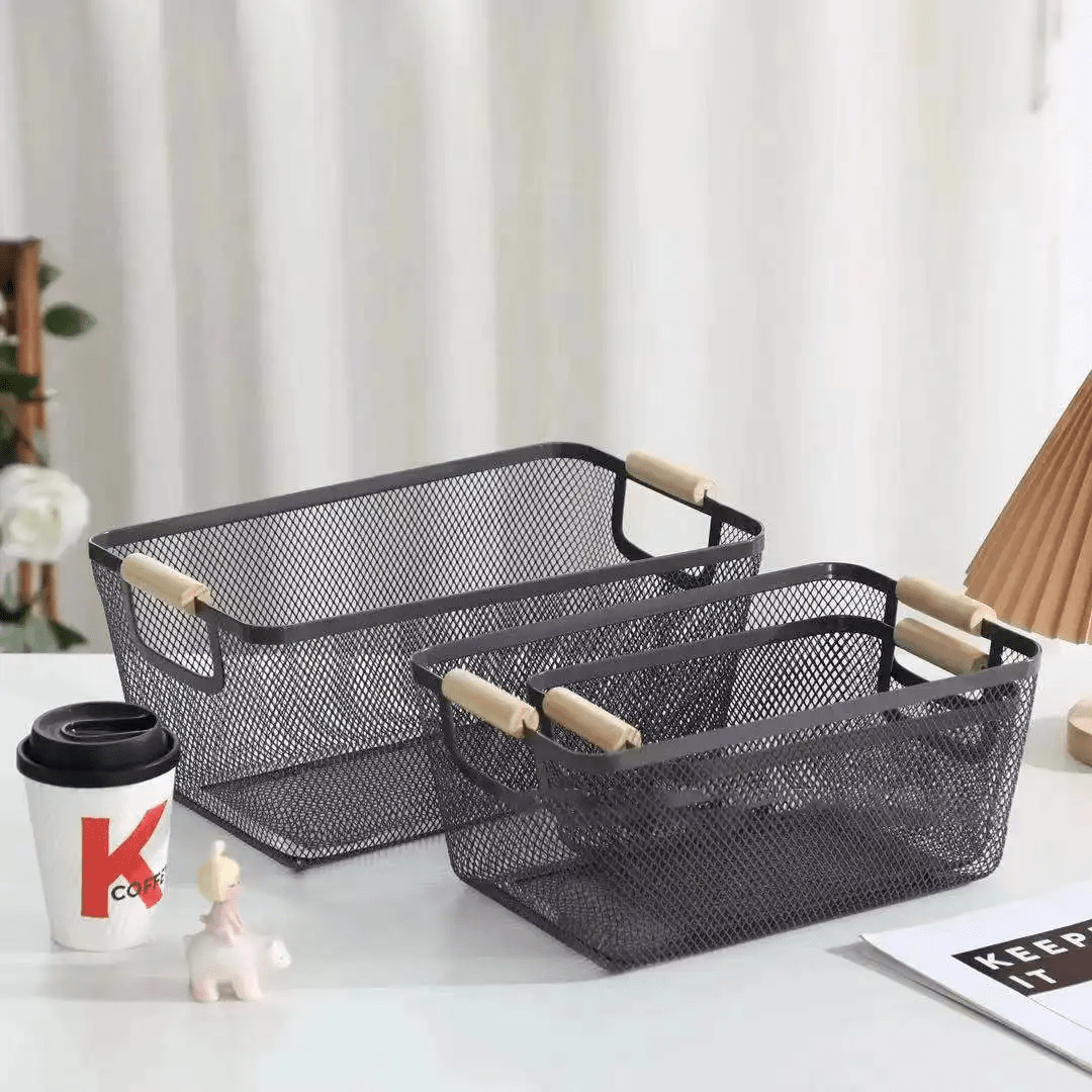 3pcs Extra - Large Mesh Plastic Storage Baskets with bamboo Handles | - Elegant Households KE