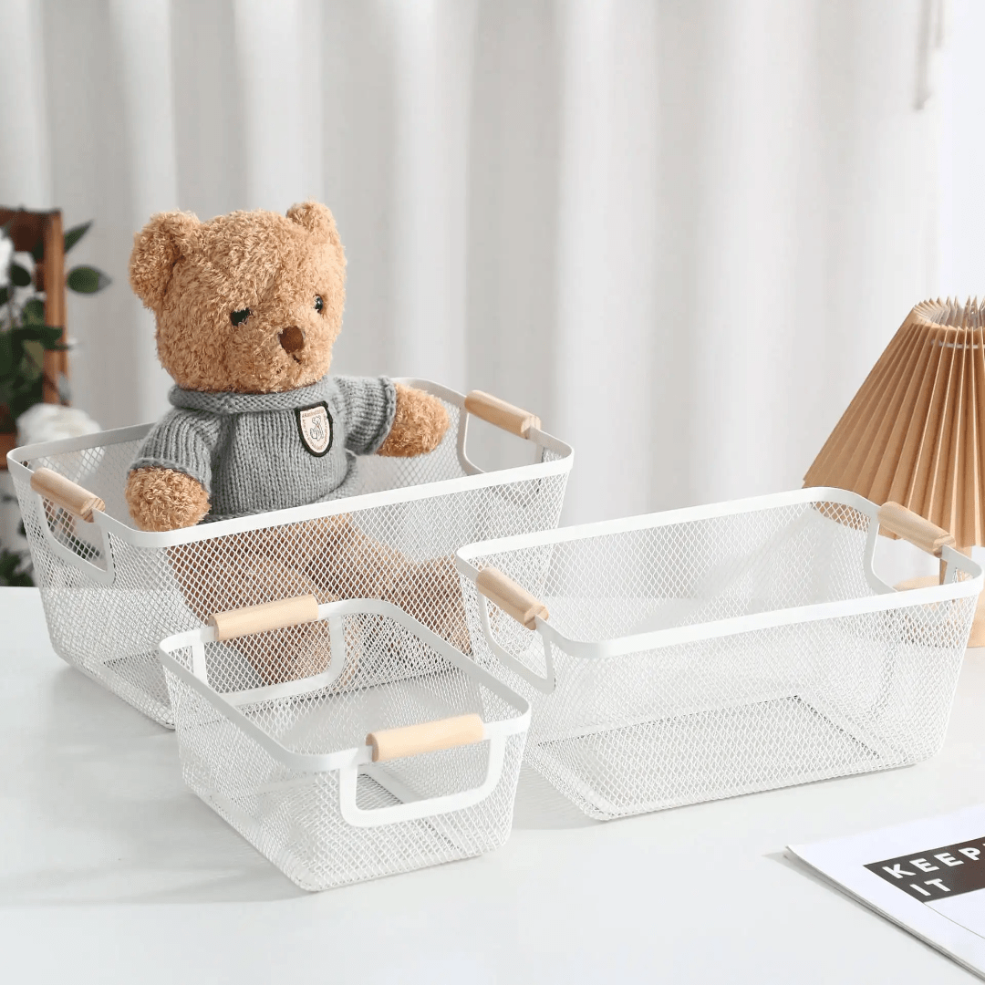 3pcs Extra - Large Mesh Plastic Storage Baskets with bamboo Handles | - Elegant Households KE