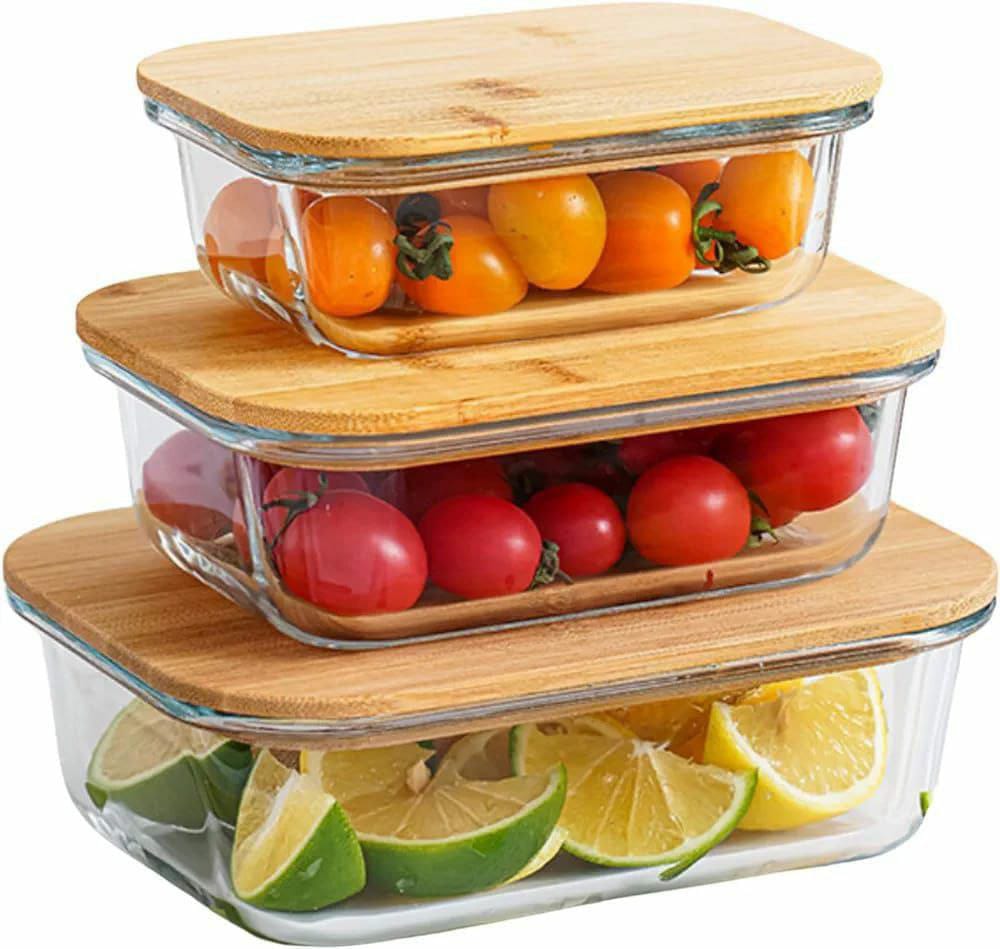 3pcs glass bowl storage containers with bamboo lid | - Elegant Households KE