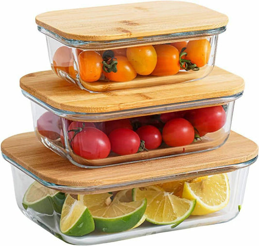 3pcs glass bowl storage containers with bamboo lid | - Elegant Households KE