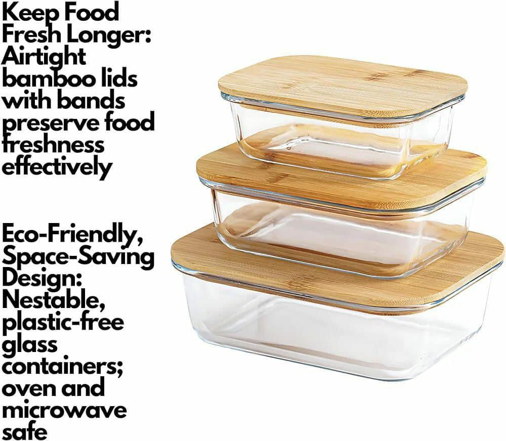 3pcs glass bowl storage containers with bamboo lid | - Elegant Households KE