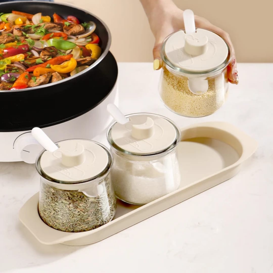 3pcs Glass Canister Seasoning Set – Airtight Borosilicate Spice Jars | - Elegant Households KE