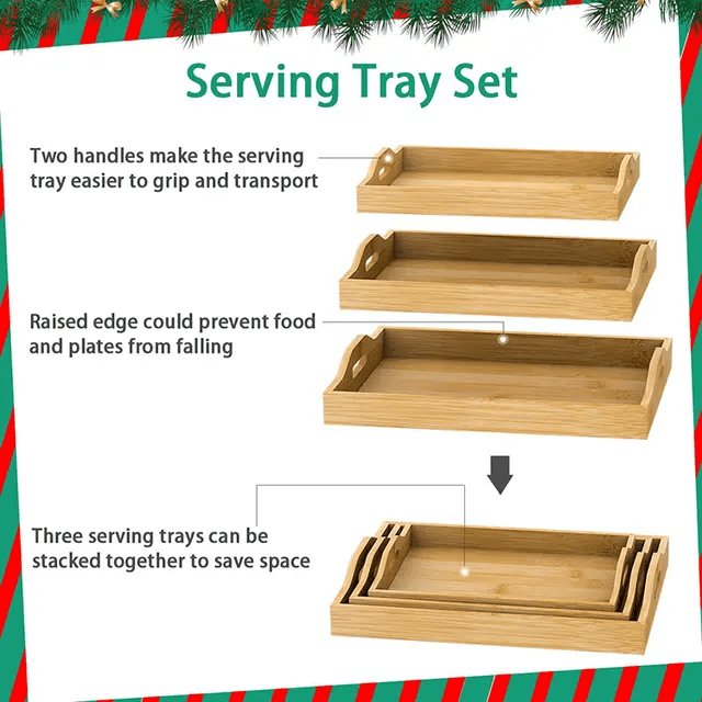 3pcs High Quality Multifunctional Bamboo Serving Trays for | - Elegant Households KE