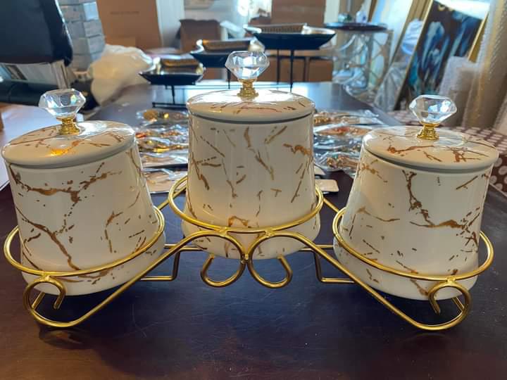 3pcs Marble Canisters With A Gold Metal Stand | - Elegant Households KE