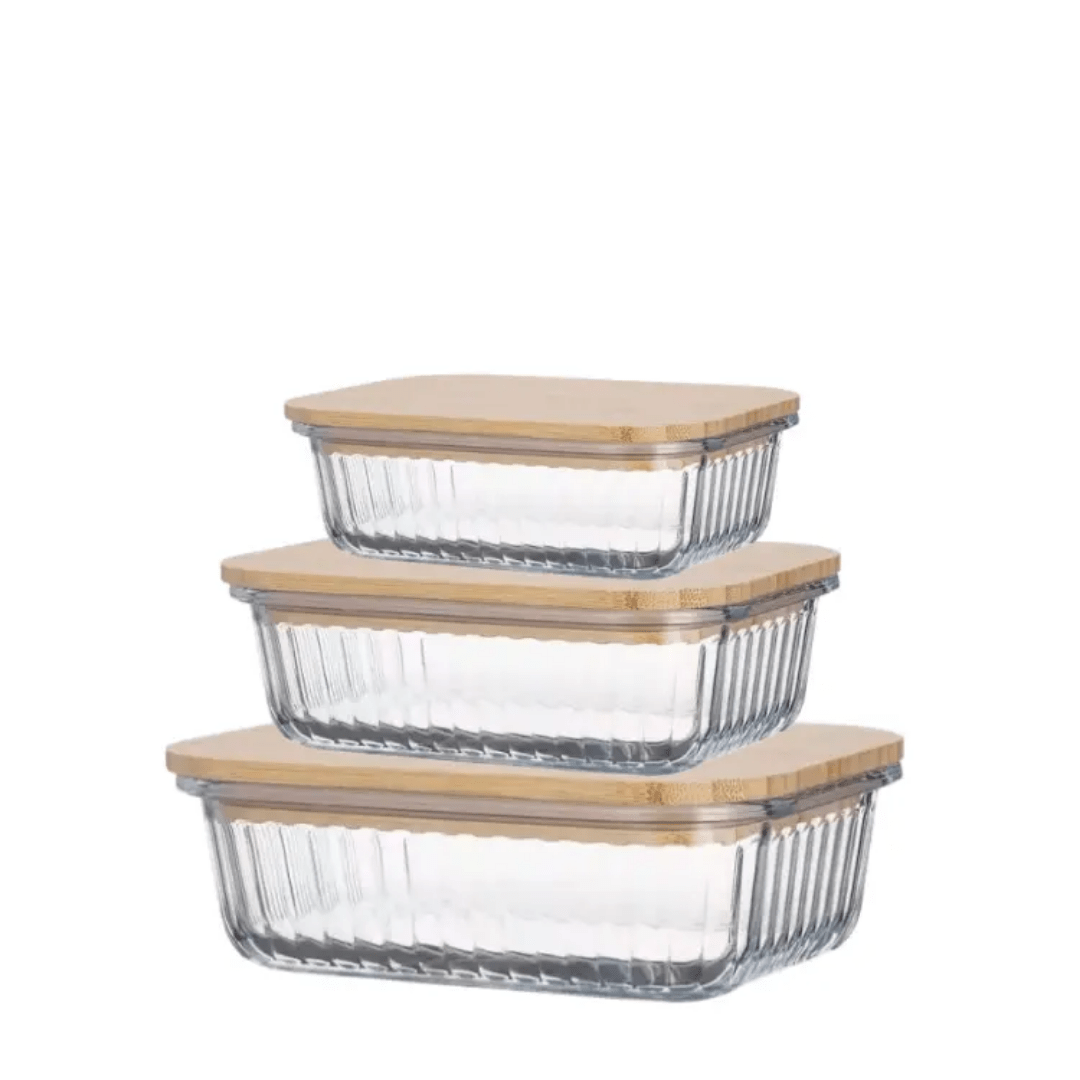 3pcs Ribbed Glass food storage containers with bamboo lids | - Elegant Households KE