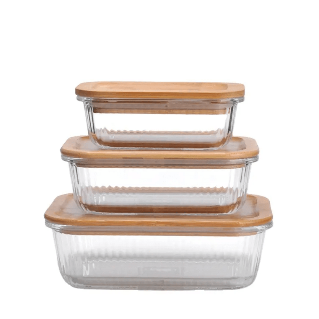 3pcs Ribbed Glass food storage containers with bamboo lids | - Elegant Households KE