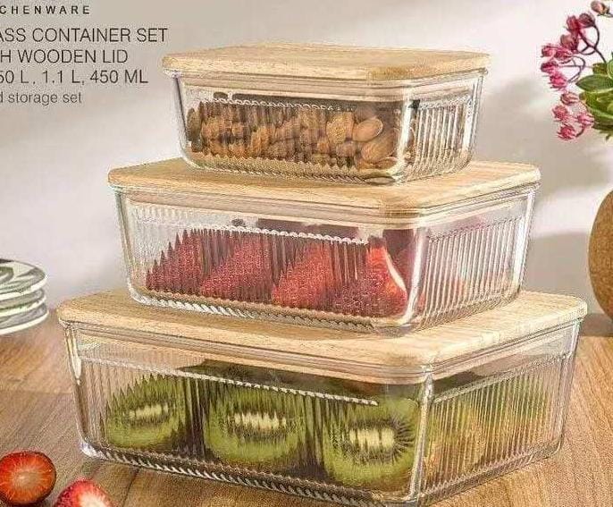 3pcs Ribbed Glass food storage containers with bamboo lids | - Elegant Households KE