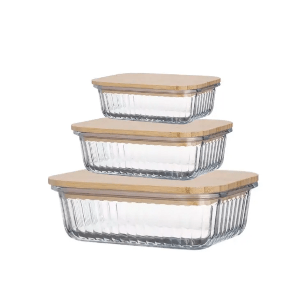 3pcs Ribbed Glass food storage containers with bamboo lids | - Elegant Households KE